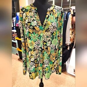 INC Multi-color Green Floral Button-Up Blouse, Size L